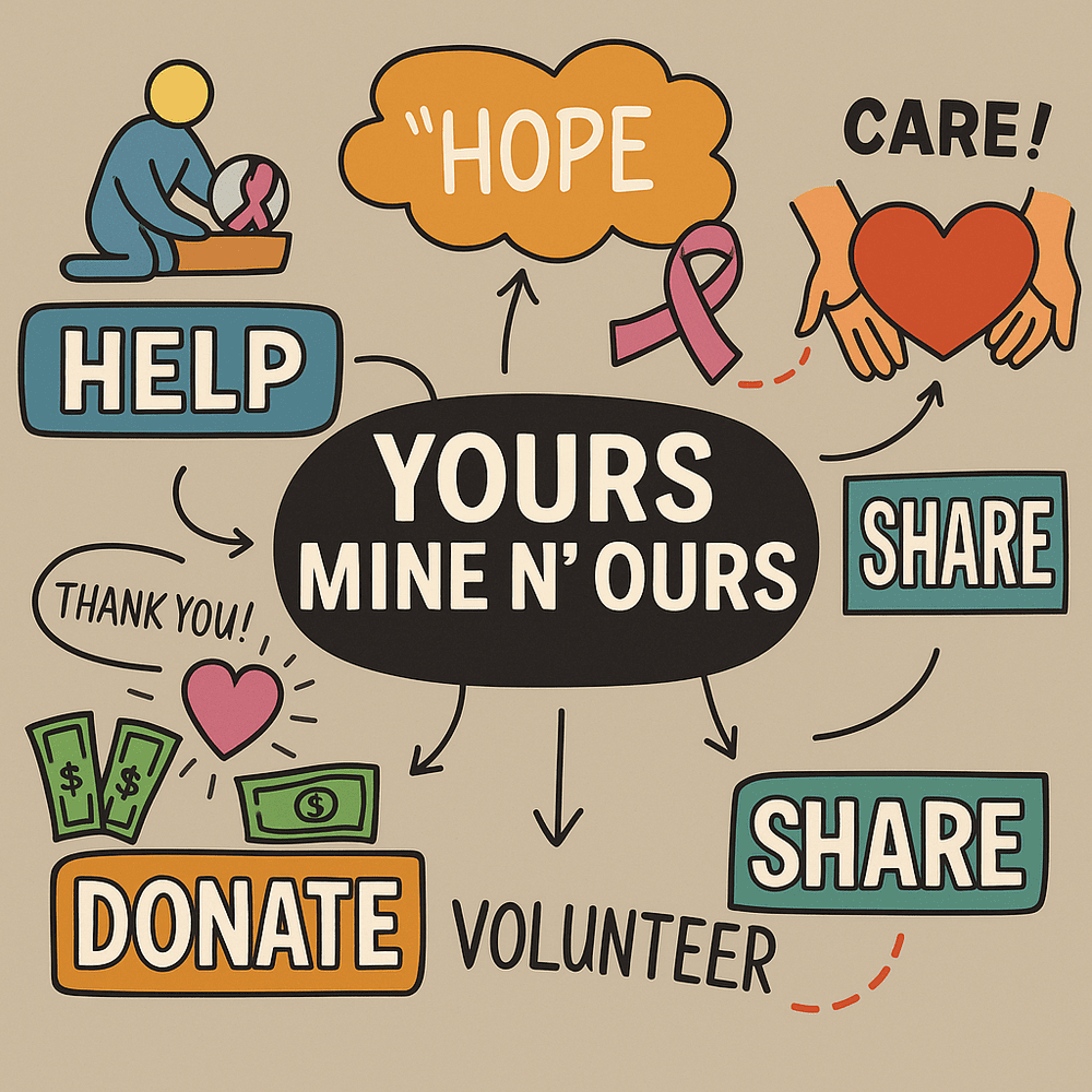 YMNO community artwork representing hope, help, care, sharing, donating, and volunteering.